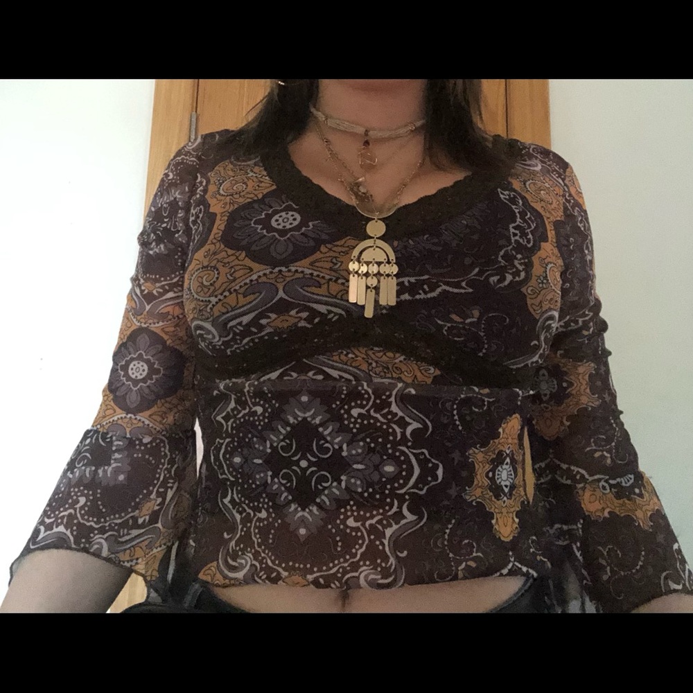 Mesh brown tan mandala pattern with lace and flared sleeves